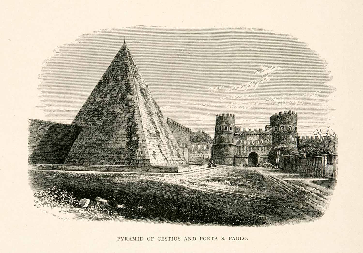 1876 Wood Engraving Pyramid Cestius Porta San Paolo Aurellian Wall Via XGYA9