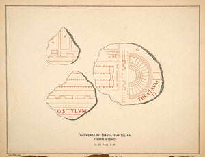1876 Lithograph Layout Plan Fragment Pianta Capitolina Theatre Pompey Rome XGYA9