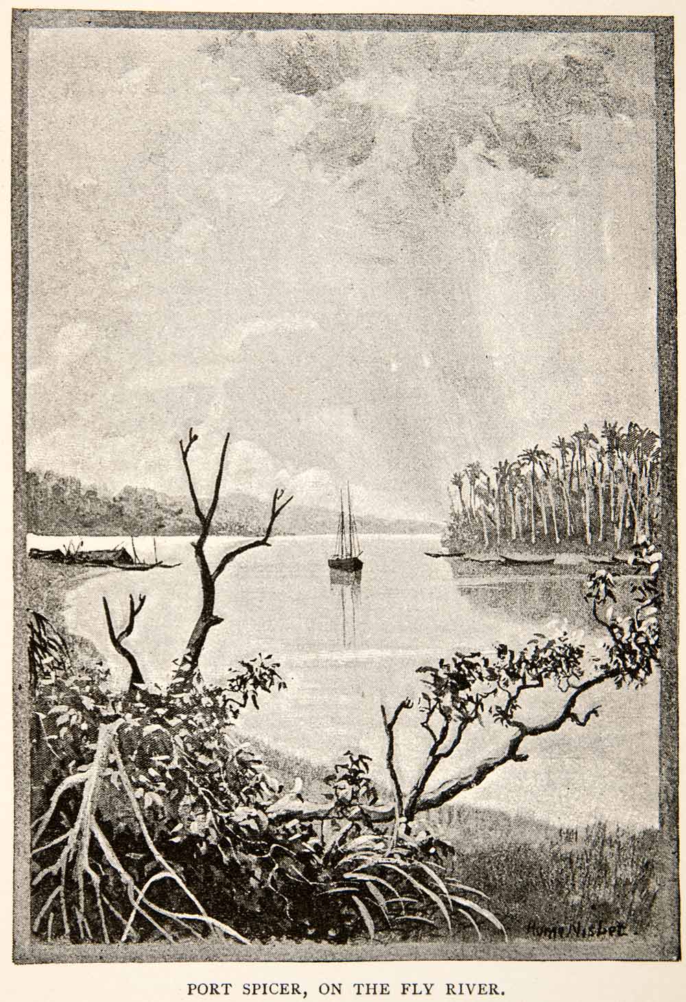 1888 Print Nisbet Port Spicer Sailboat Fly River Papua New Guinea Jungle XGYB3