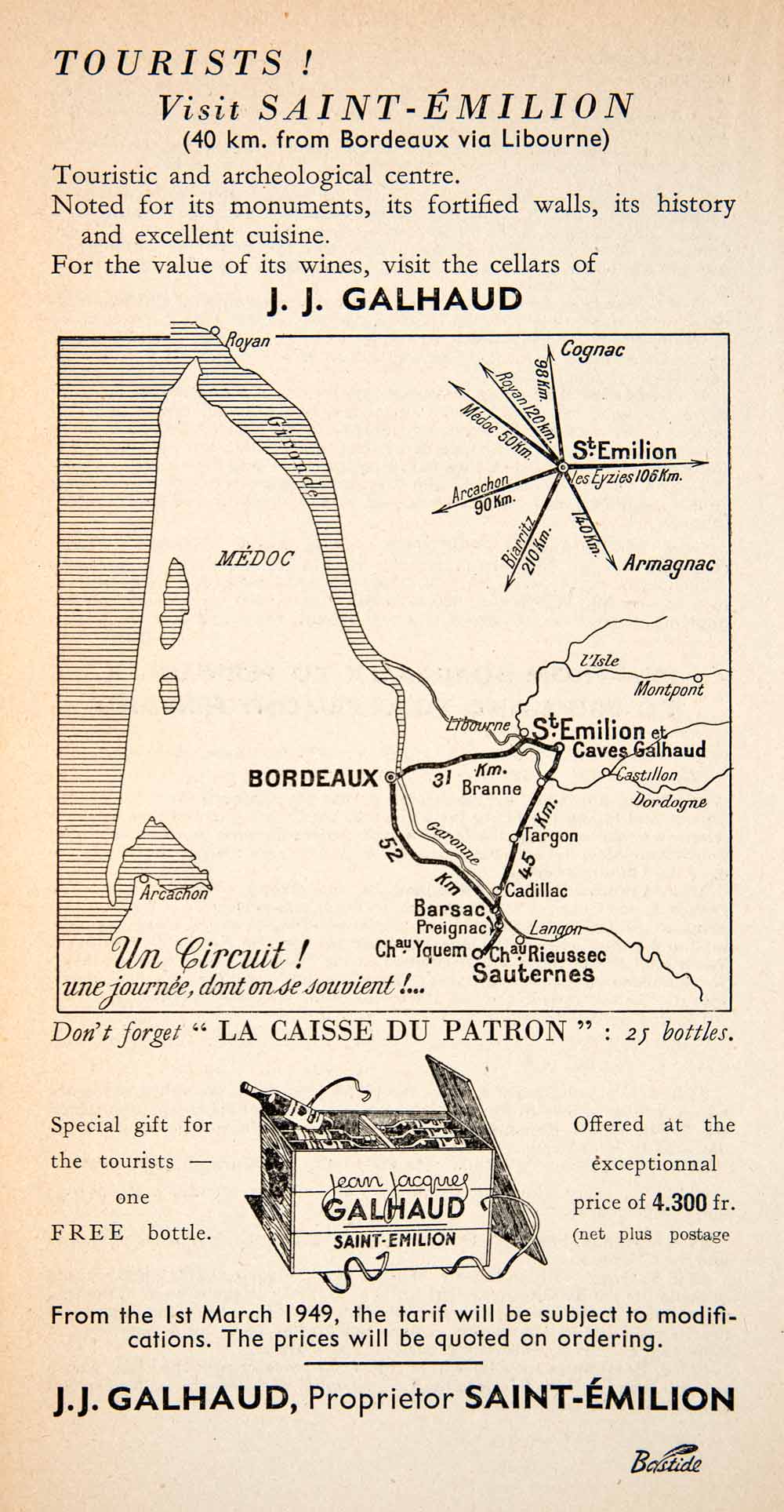 1949 Ad Saint Emilion France Map Tourism Bureau Travel J. J. Galhaud XGYB4