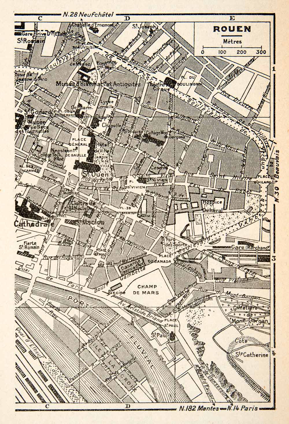 1949 Lithograph Vintage Street Map Landmarks Rouen France City Planning XGYB4