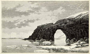 1882 Wood Engraving Art Arctic Landscape Rock Arch Seagulls Polar Ice XGYC4