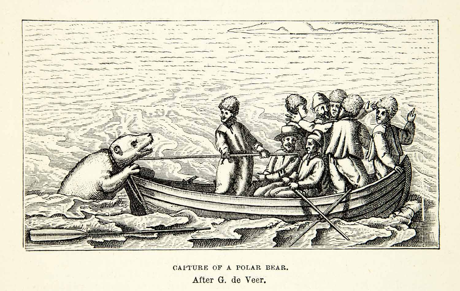 1882 Wood Engraving Art European Polar Bear Hunting Boat Arctic Explorer XGYC4