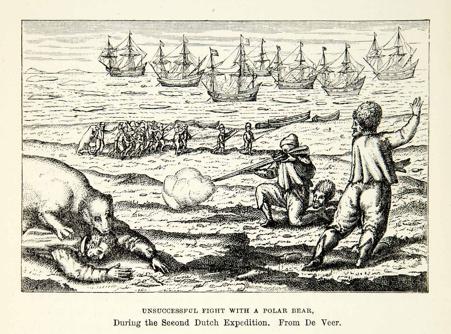 1882 Wood Engraving Art Arctic Explorers Sailing Ship Polar Bear Attack XGYC4
