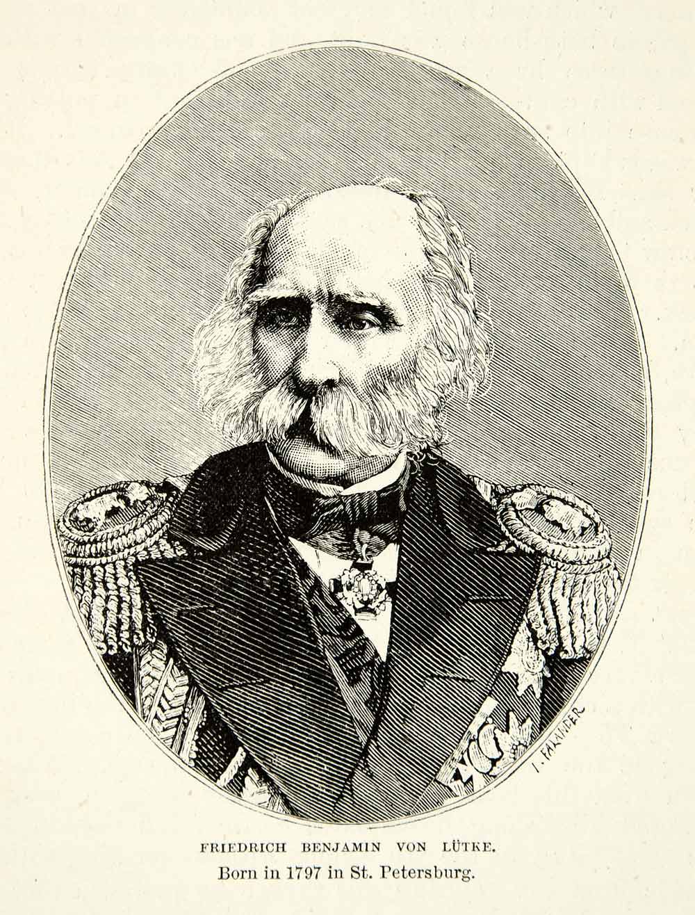 1882 Wood Engraving Art Portrait Count Fyodor Petrovich Litke Arctic XGYC4