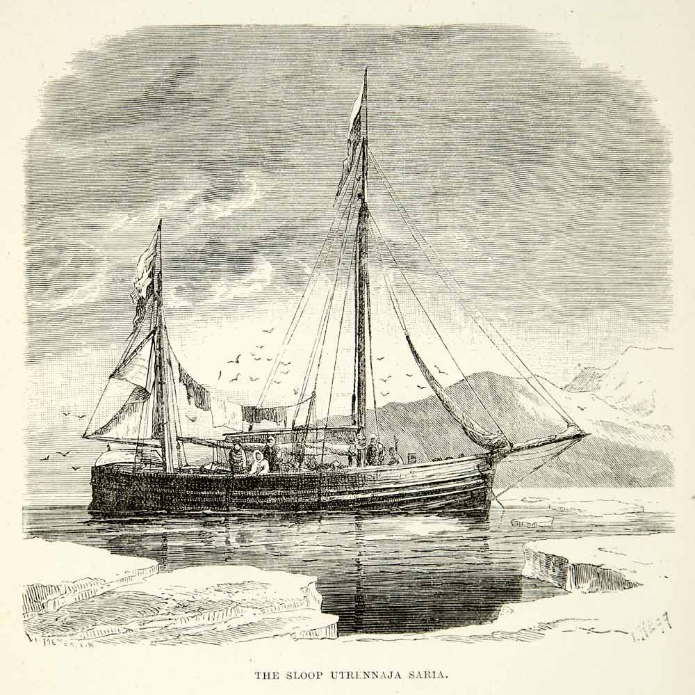 1882 Wood Engraving Art Arctic Expedition Sloop Utrennaja Saria Sailing XGYC4