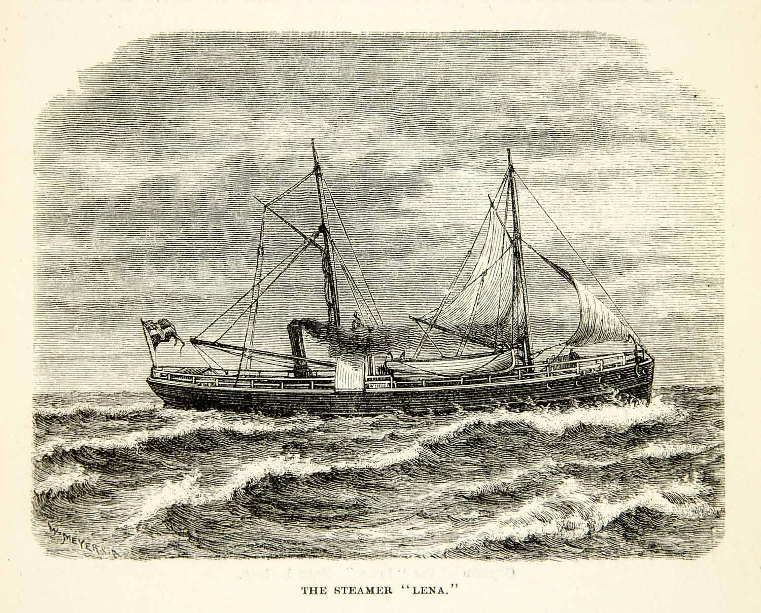 1882 Wood Engraving SS Lena Swedish Steamship Sailing Ocean Arctic XGYC4