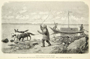 1882 Wood Engraving Swedish Arctic Expedition Luna Boat Dog Tow Yenisei XGYC4