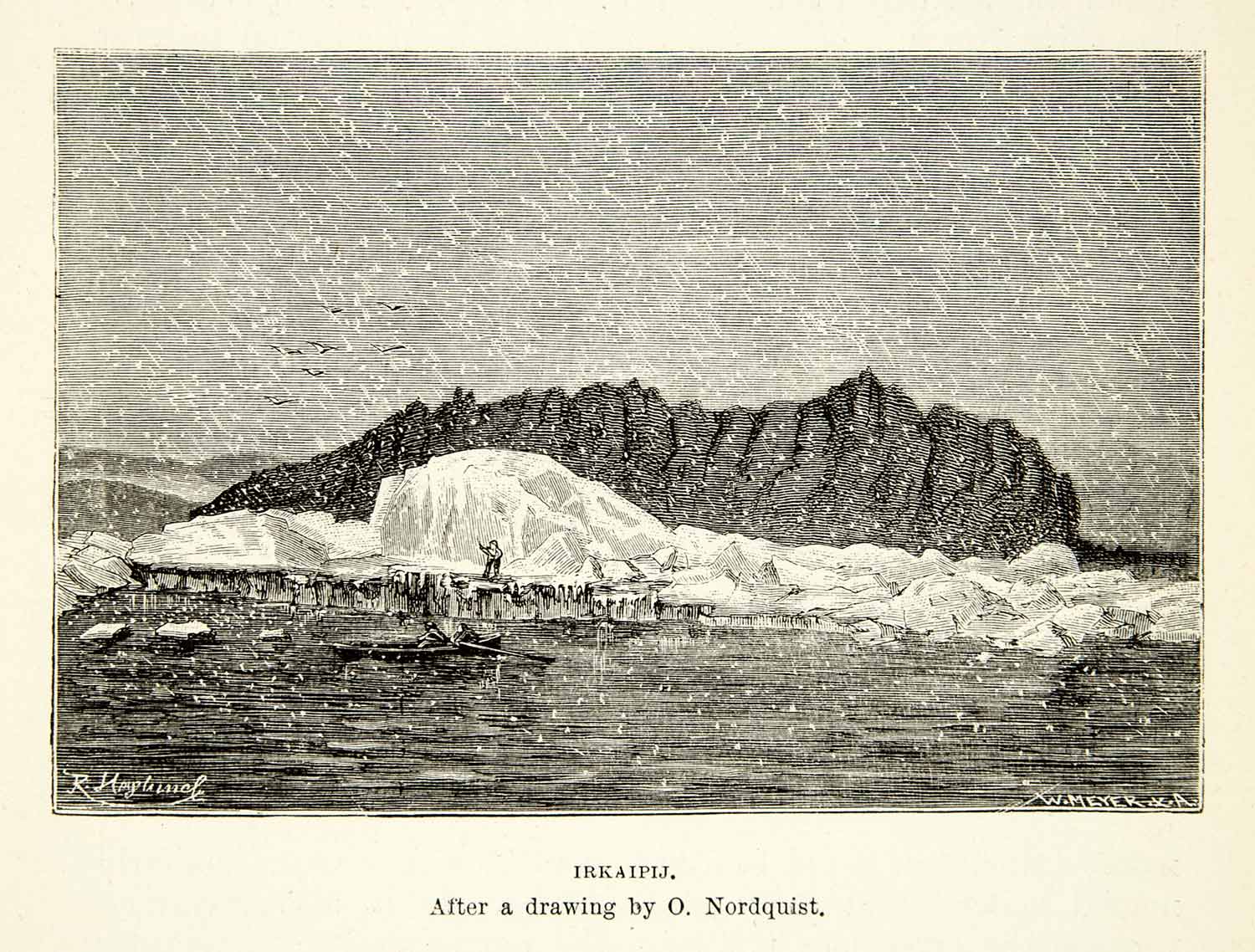 1882 Wood Engraving O Nordquist Art Irkaipij Island Arctic Ocean Snowing XGYC4