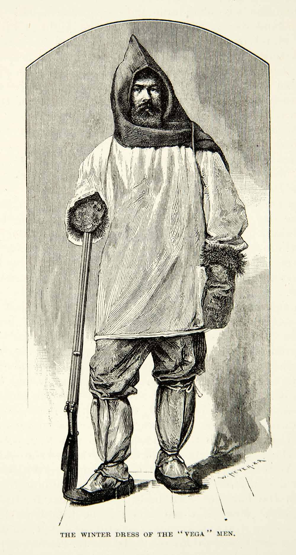 1882 Wood Engraving Swedish Arctic Explorer SS Vega Winter Dress Portrait XGYC4