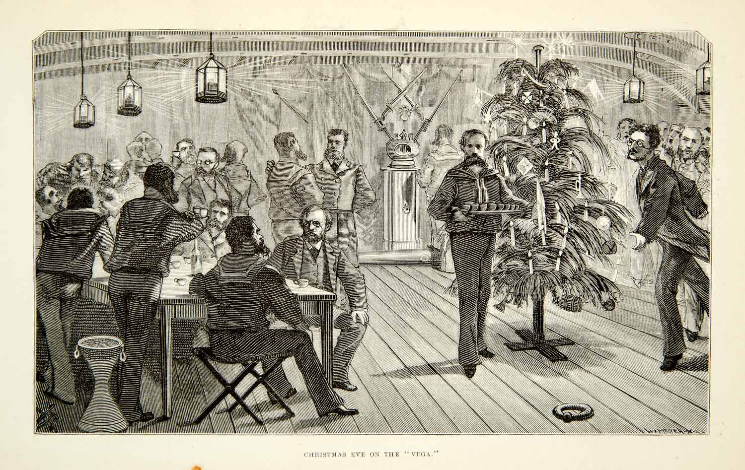 1882 Wood Engraving Art SS Vega Christmas Eve Crew Sailors Tree Holiday XGYC4