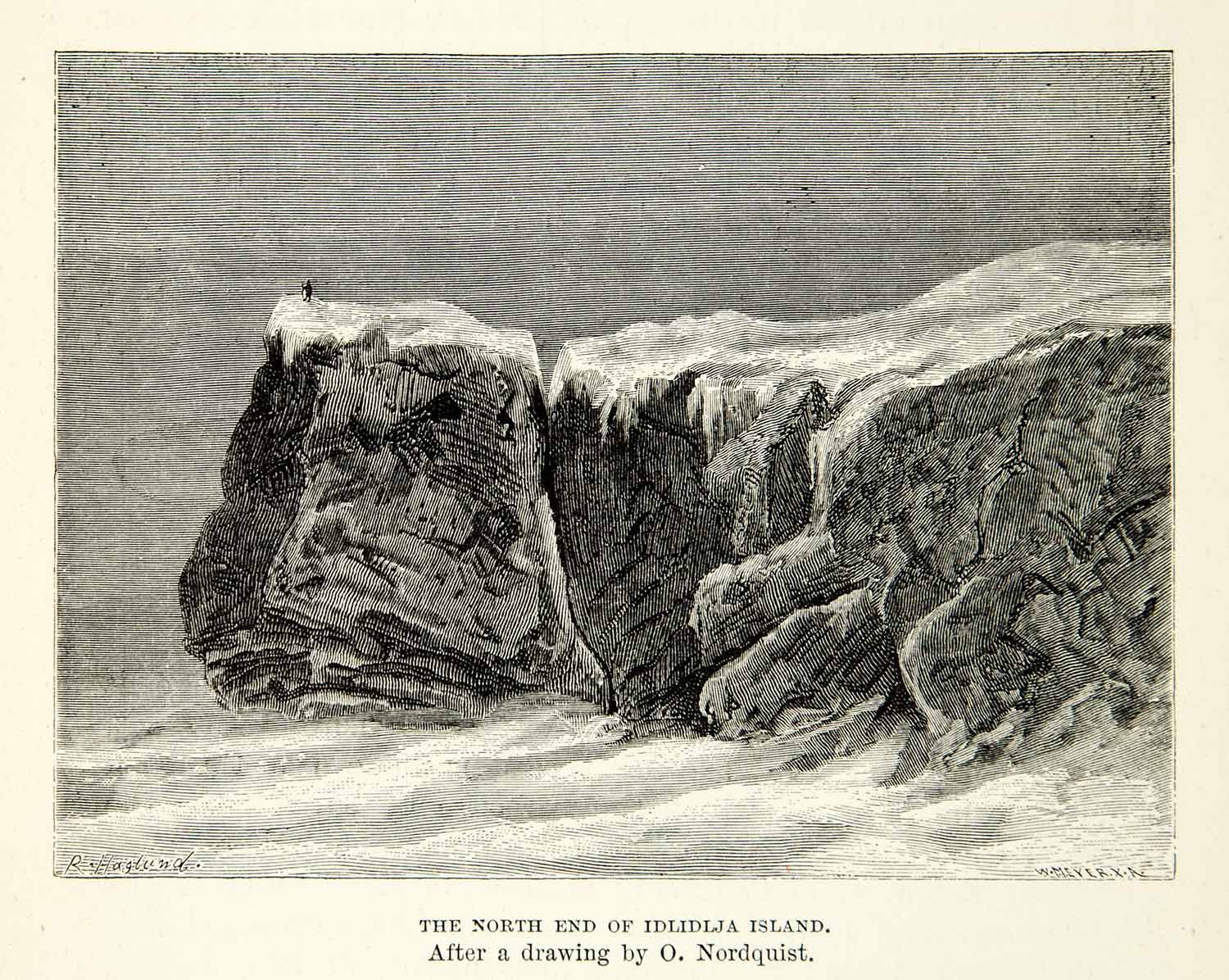 1882 Wood Engraving Art North End Idlidlja Island Arctic Landscape Ocean XGYC4
