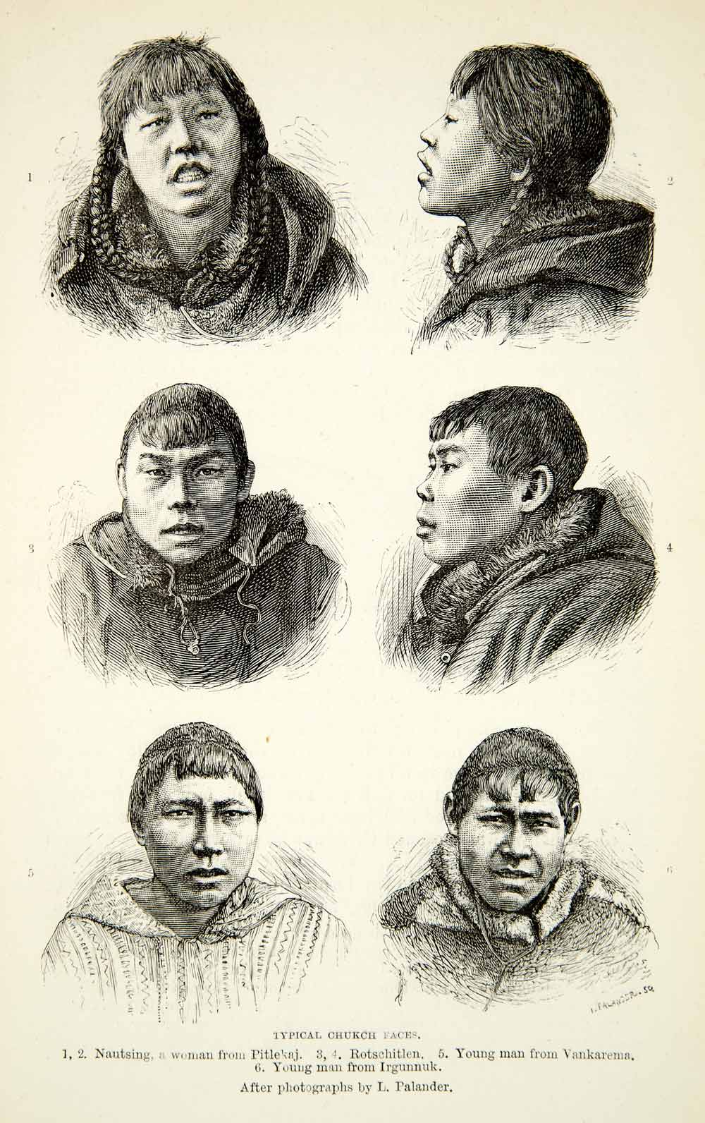 1882 Wood Engraving Art Chukchi Natives Portrait Indigenous People Russia XGYC4