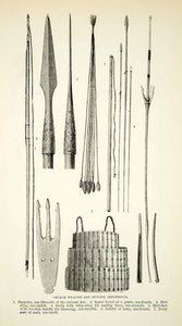 1882 Wood Engraving Art Chukchi Natives Weapons Hunting Implements Harpoon XGYC4