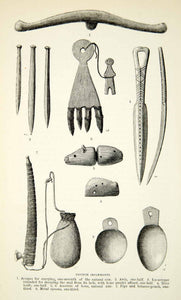 1882 Wood Engraving Art Chukchi Implement Ice Scraper Awl Bone Knife XGYC4
