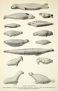1882 Wood Engraving Art Chukchi Native Animal Bone Carvings Seal Walrus XGYC4