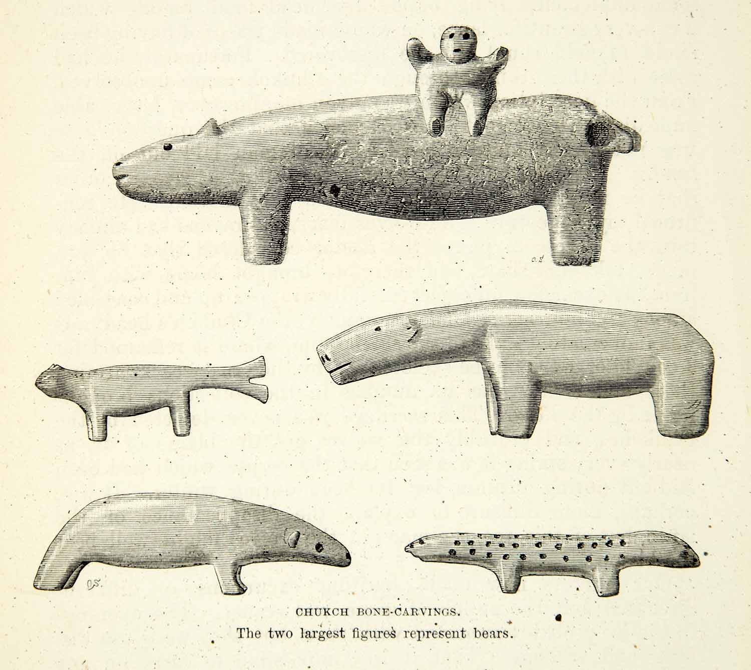 1882 Wood Engraving Art Chukchi Native Animal Bone Carvings Polar Bear XGYC4