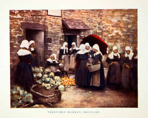 1902 Print Vegetable Market Courtyard Brittany France Nun Women Mortimer XGYC6
