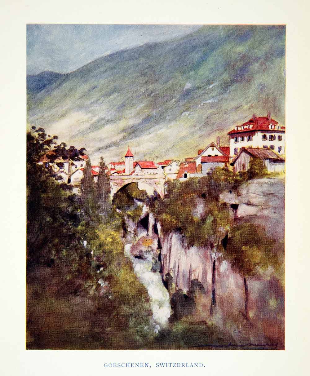 1902 Print Cityscape Mountains Goeschenen Switzerland Bridge Mortimer XGYC6