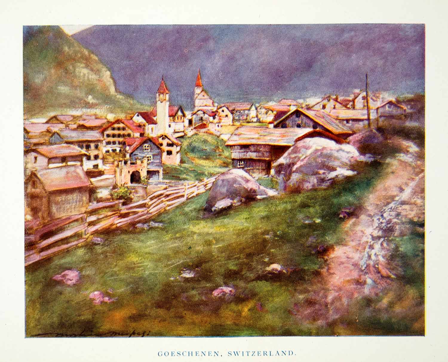 1902 Print Cityscape Village Mountain Alp Goeschenen Switzerland Mortimer XGYC6