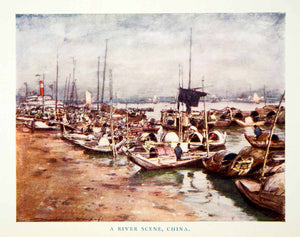 1902 Print River Shore Boat Gondola China Port Dock Scenery Sand Mortimer XGYC6