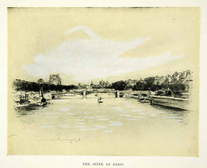 1902 Print Seine River Paris France Bridge Scene Cityscape Boat Mortimer XGYC6