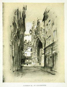 1902 Print Street Scene Cityscape Cathedral Lillebonne France Mortimer XGYC6