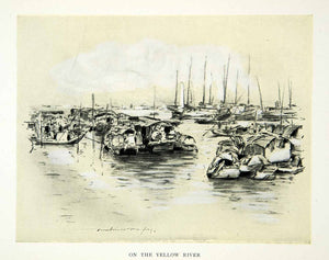 1902 Print Yellow River China Boat Gondola Scenery Waterway Dock Mortimer XGYC6