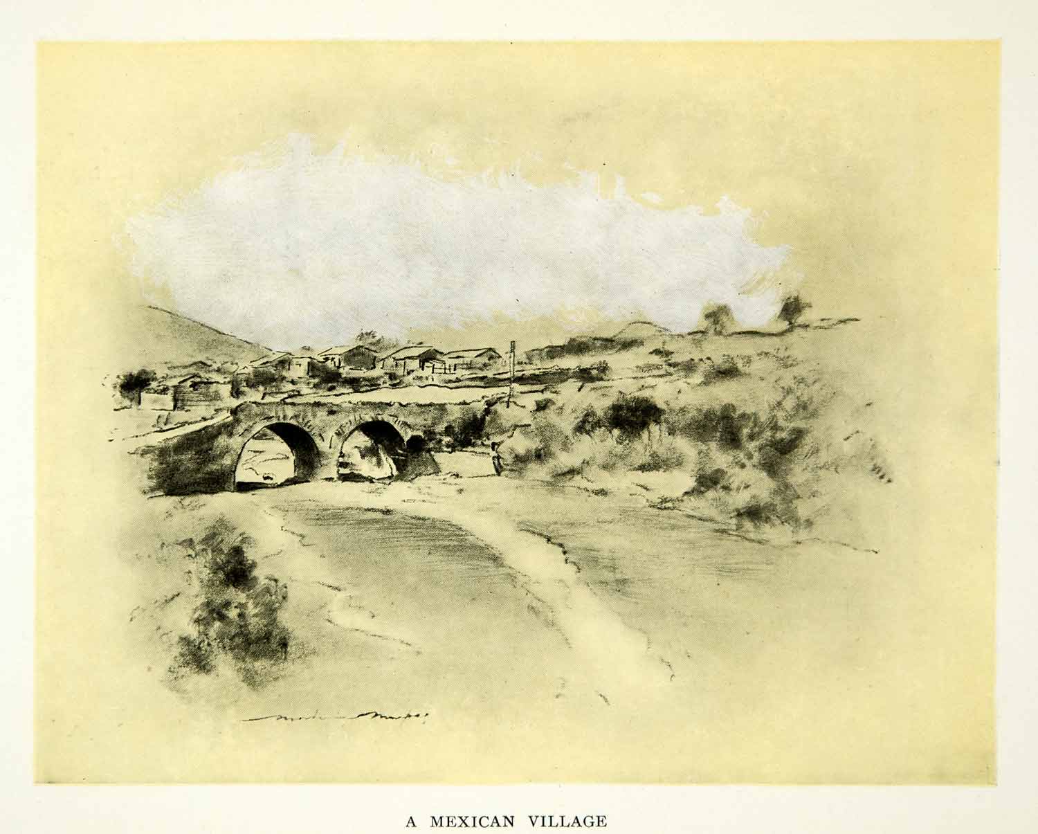1902 Print Mexican Village Scenic Landscape Bridge Cityscape Mortimer XGYC6