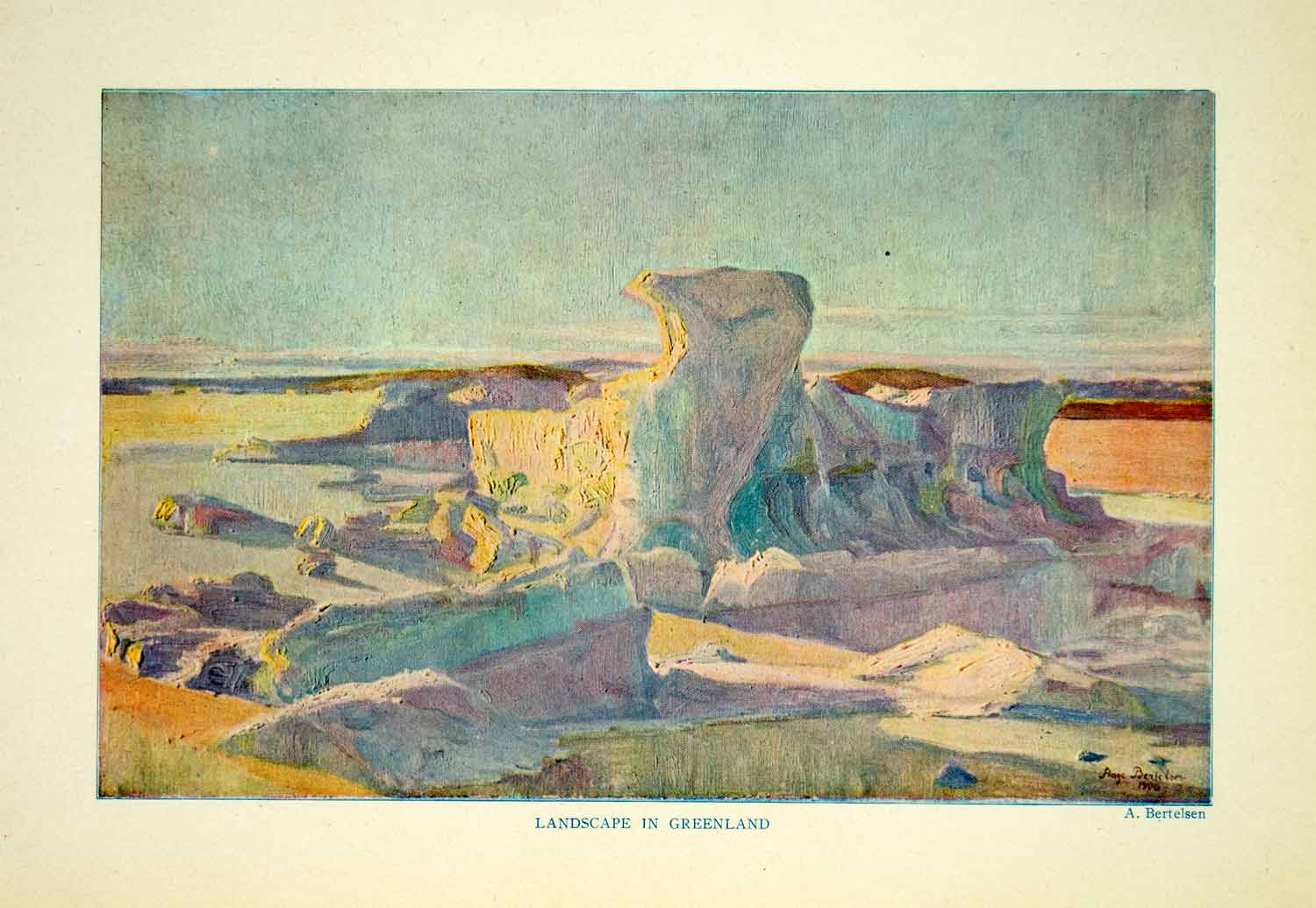 1921 Color Print Greenland Landscape Bertelsen Painterly Mountain Art XGYC8