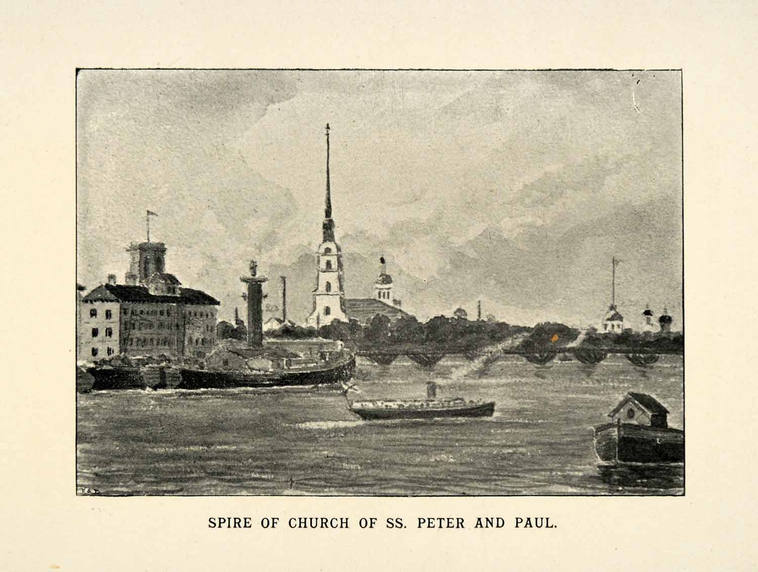 1898 Print Spire Saint Peter Paul Cathedral St Petersburg Zayachy Neva Boat XGZ3