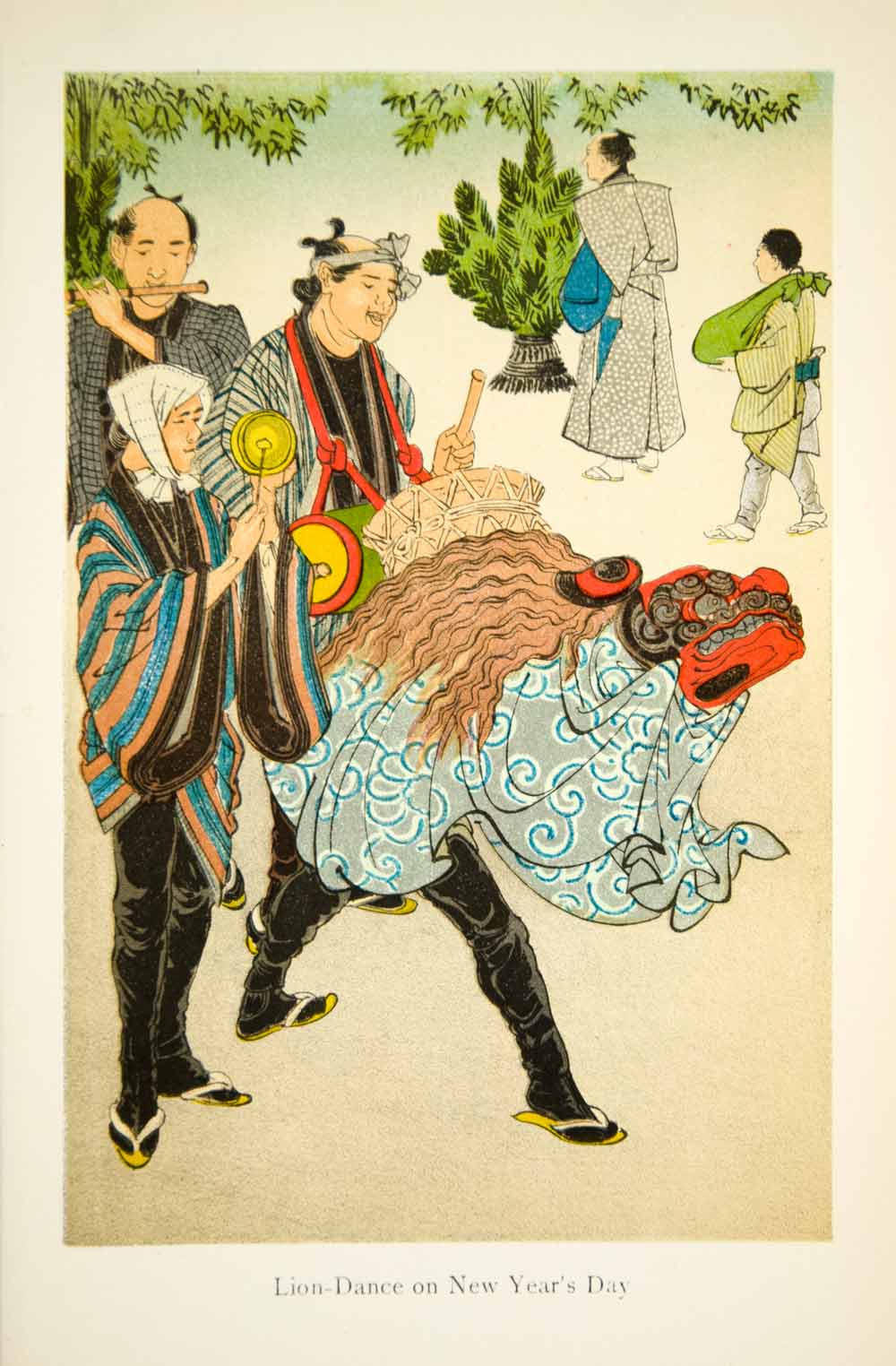 1901 Chromolithograph Japanese Lion Dance Shishi-mai New Year Celebration Music