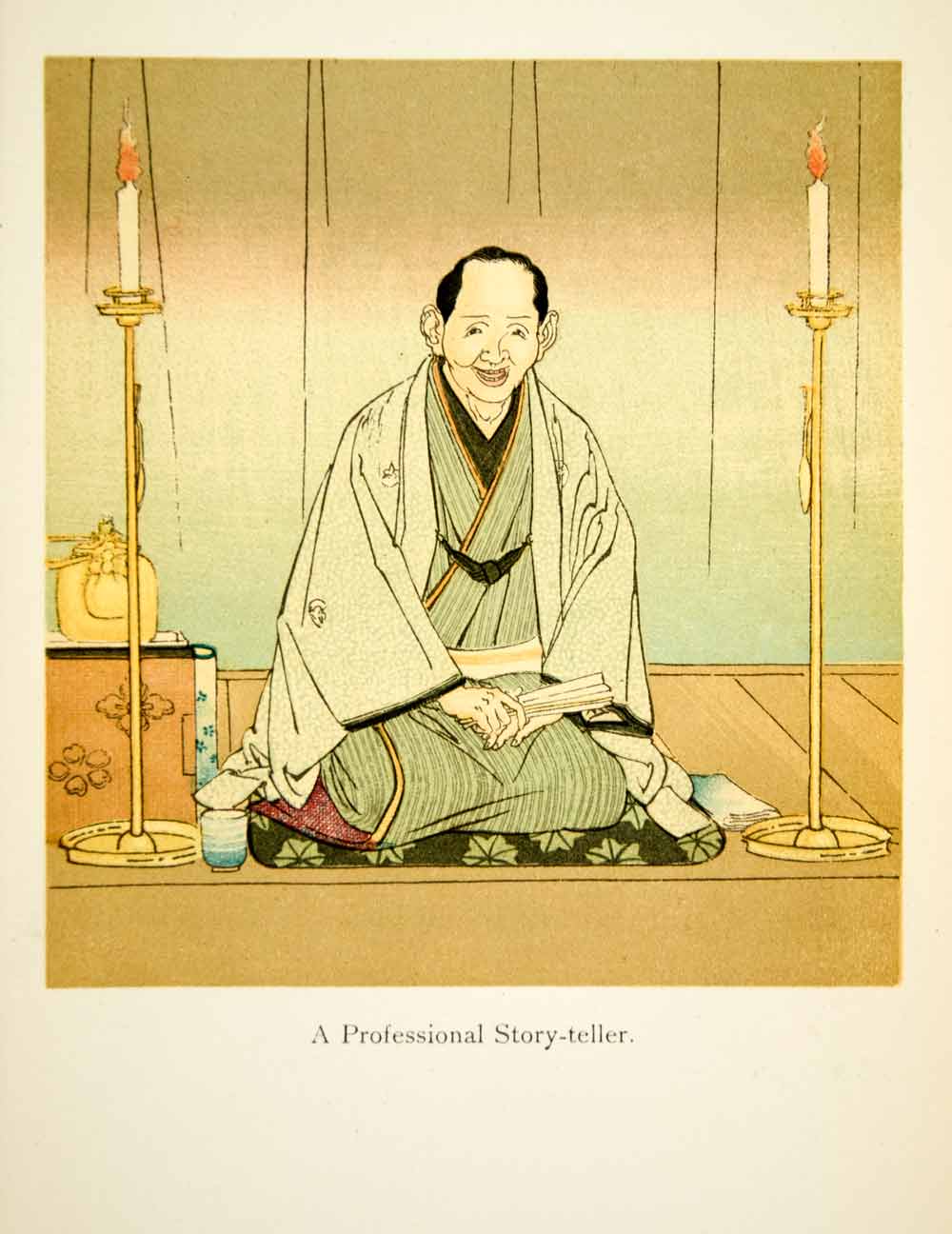 1901 Chromolithograph Professional Japanese Storyteller Bamboo Mat Candle Tea
