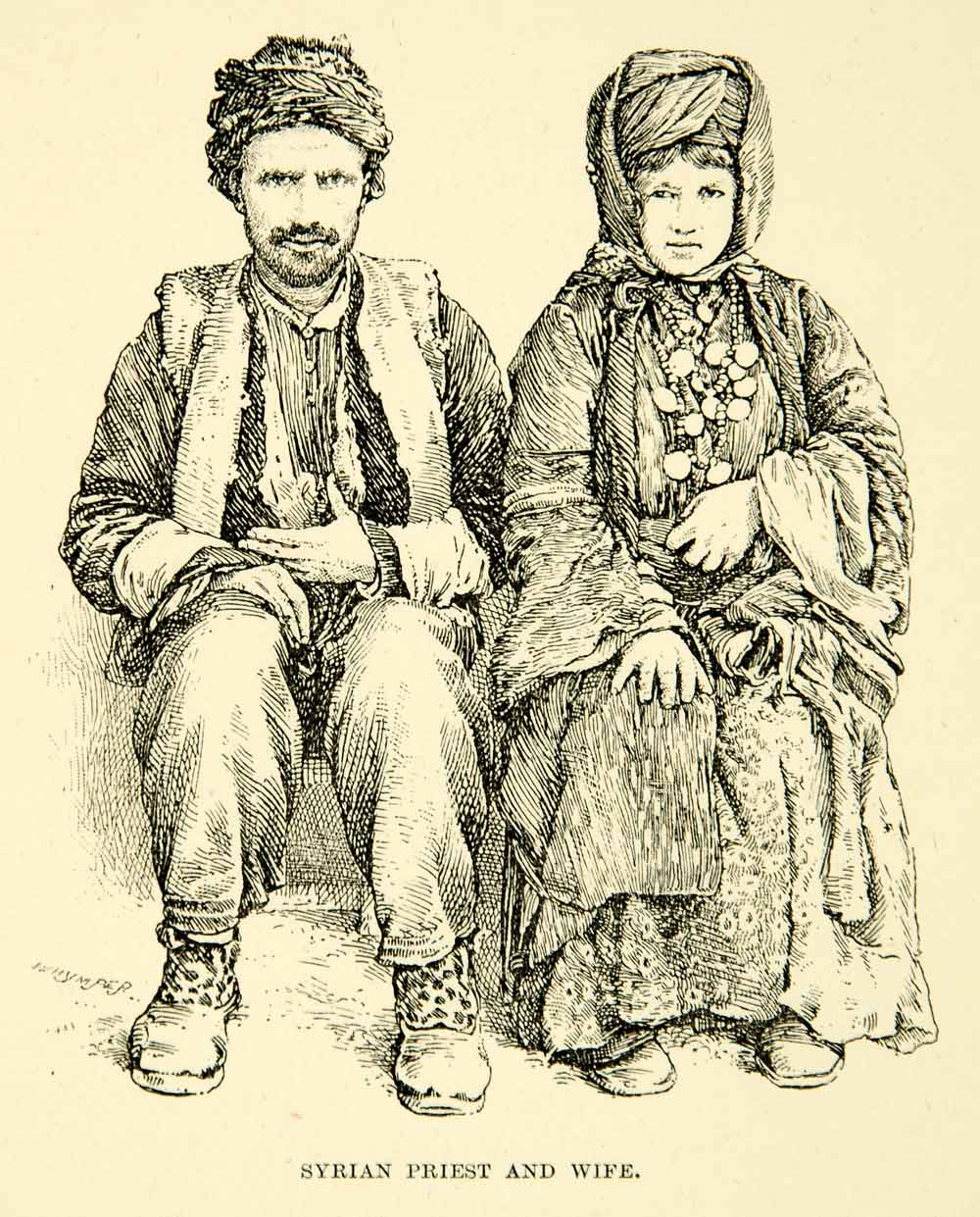 1891 Print Syrian Priest Costume Traditional Ethnic Dress Necklace Turban XGZC6