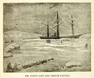 1884 Wood Engraving Elisha Kane Ship Sleigh Dog Icebound Polar Arctic XGZC7