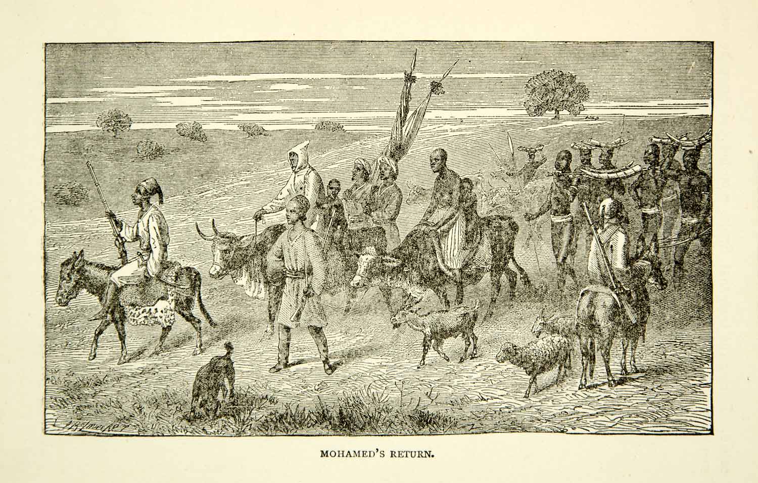 1884 Wood Engraving Mohamed Expedition Donkey Goat Poaching Hunting Cow XGZC7