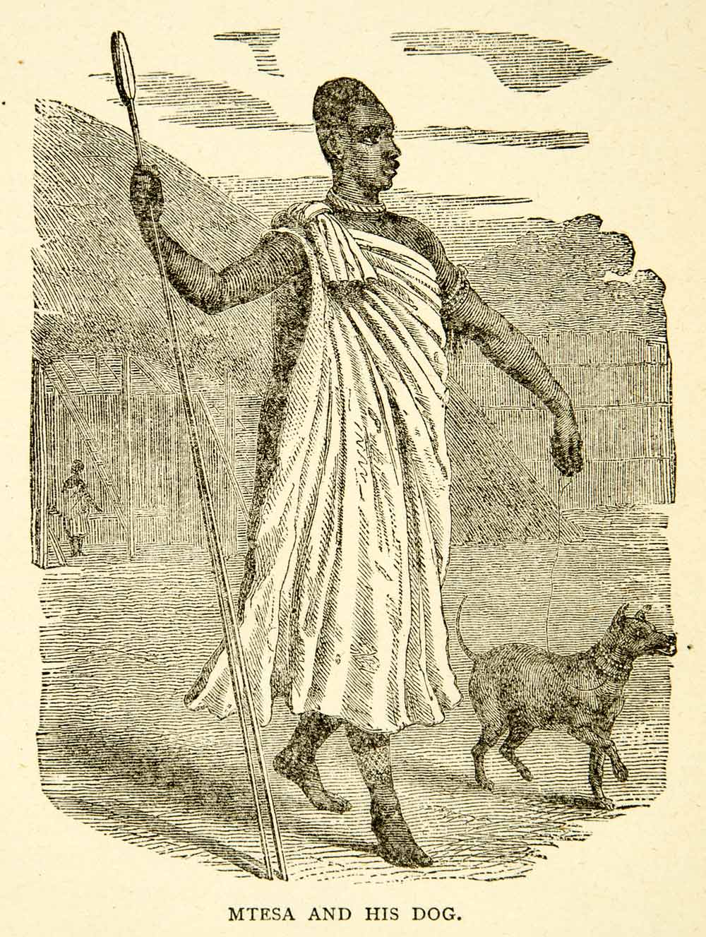 1884 Wood Engraving Mtesa King Uganda Portrait Dog Native African Spear XGZC7