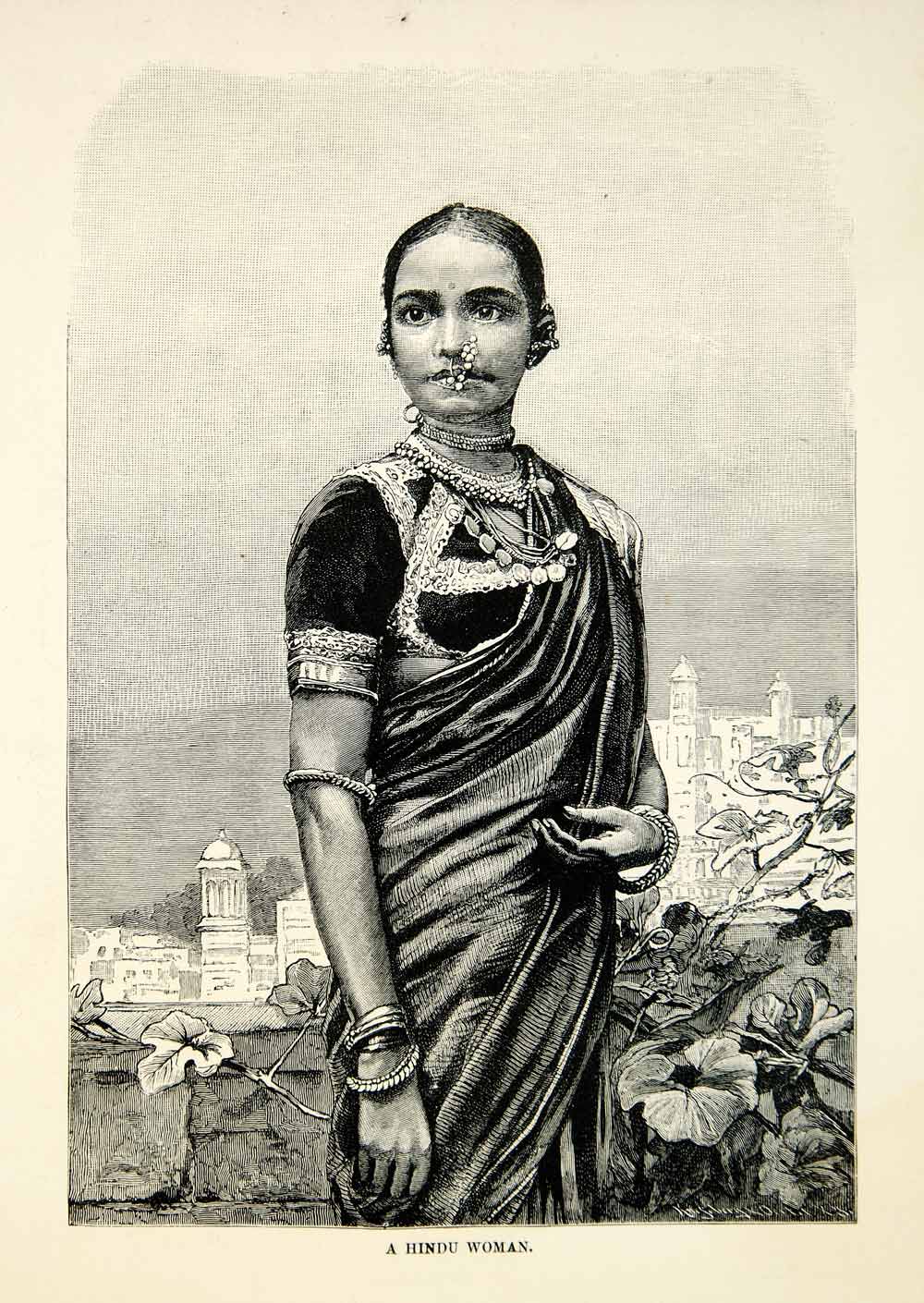 1890 Wood Engraving Portrait Woman Hindu Ceylon Sri Lanka Fashion XGZC8