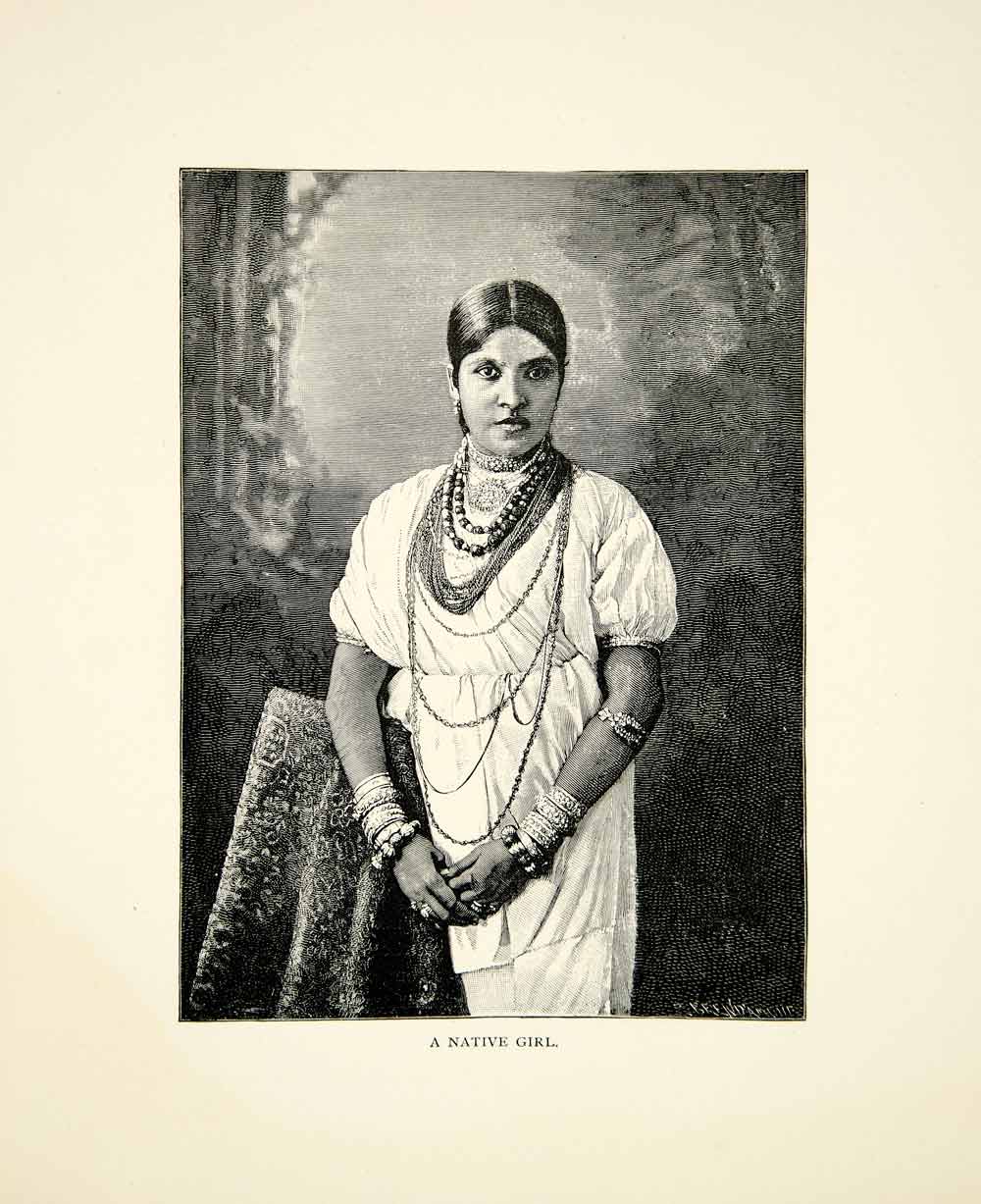 1890 Wood Engraving Portrait Native Girl Sri Lanka Ceylon India Costume XGZC8