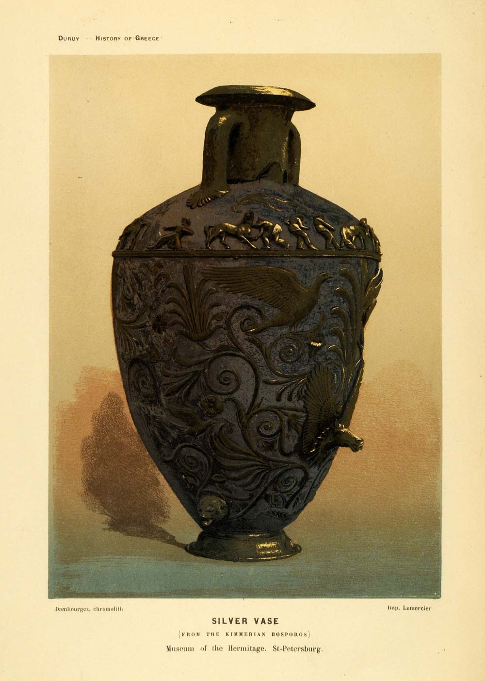 1890 Chromolithograph Silver Vase Bird Lion Eagle Mythical Figure XHA1