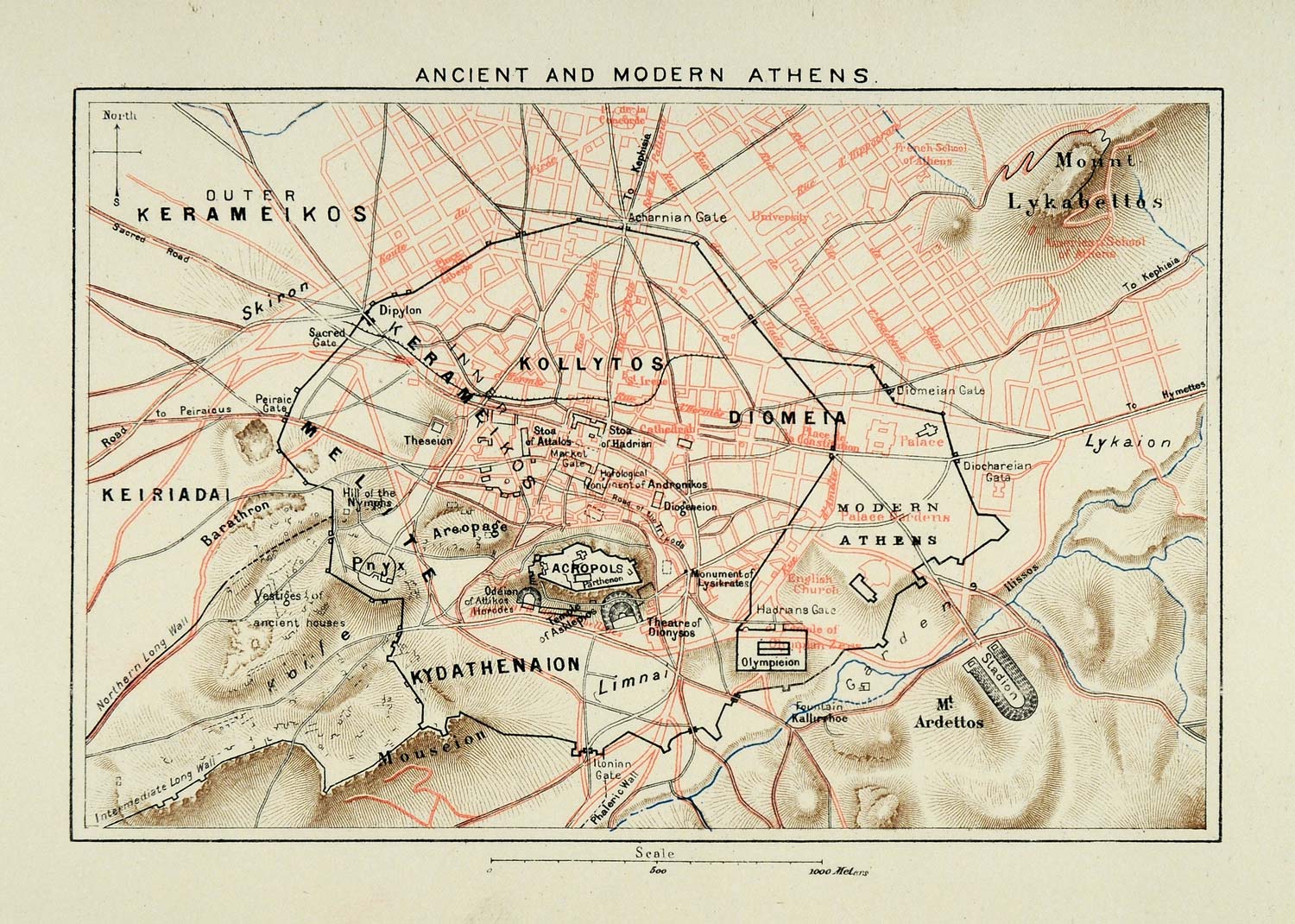 1890 Lithograph Athens Ancient Map Kollytos Acropolis Stadium Lykaion XHA1