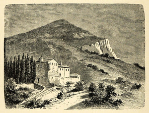 1890 Wood Engraving Mount Ithome Convent Voulkano Mountain Landscape Greece XHA1