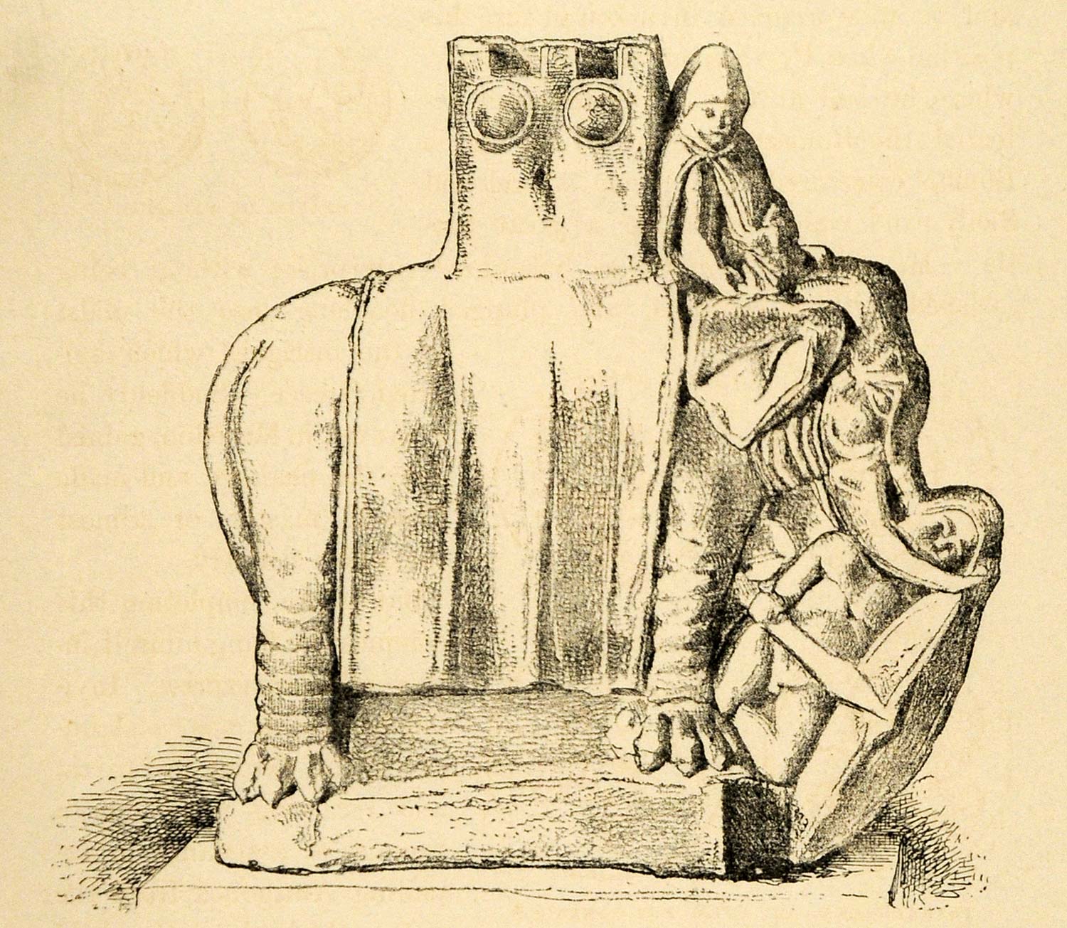 1890 Wood Engraving Elephant Galatian Myrina Warrior Nude Sword Sculpture XHA1