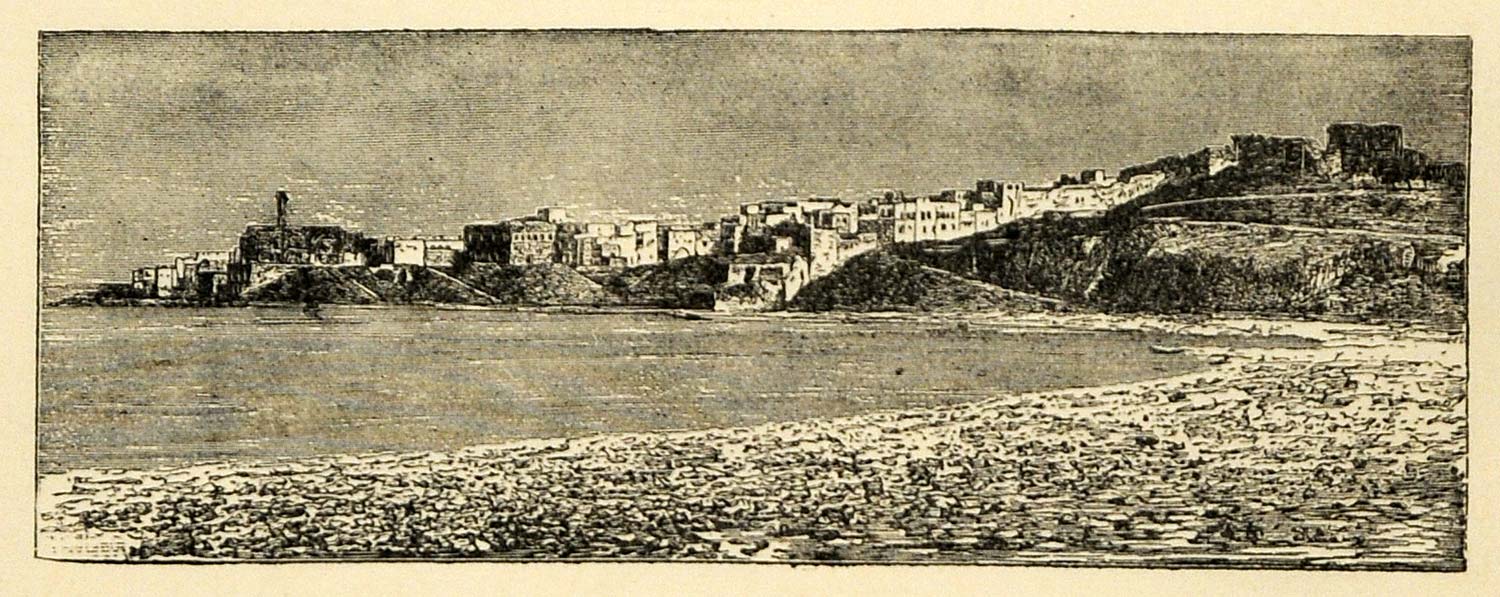 1890 Wood Engraving Sidon Saida Lebanon Harbor Cityscape Mediterranean Sea XHA1