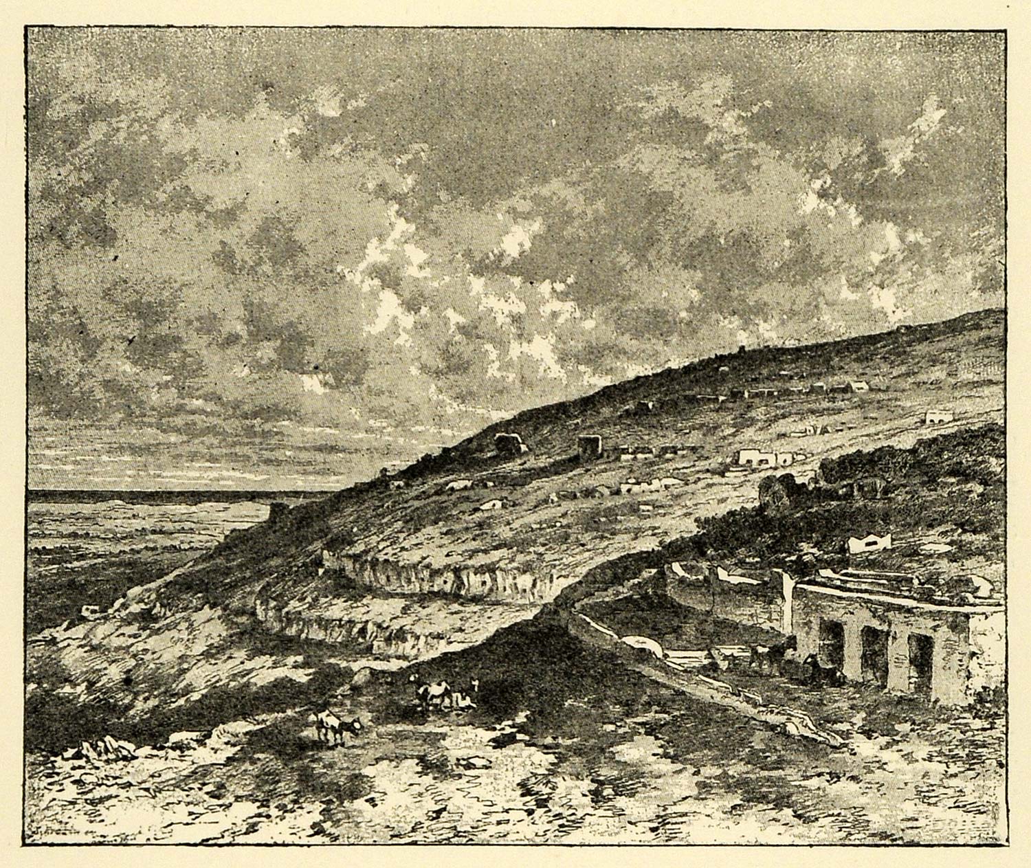 1890 Wood Engraving Kyrene Necropolis Cyrene Architecture Ruins Landscape XHA1