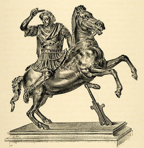 1890 Wood Engraving Horseman Warrior Sculpture Alexander Equine Battle XHA1