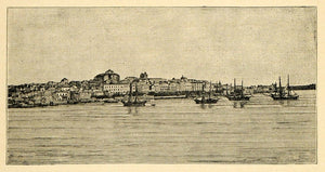1890 Wood Engraving Harbor Syracuse Sicily Italy Water Ship Boat Italia Art XHA1