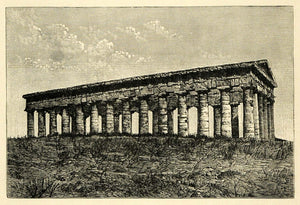 1890 Wood Engraving Temple Segesta Sicily Italy Columns Ruin Archaeology XHA1