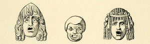 1890 Wood Engraving Marble Mask Pompeii Italy Italia Tragic Comedy Drama XHA1