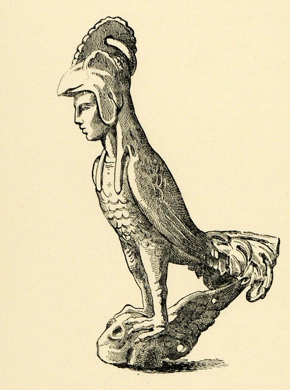 1890 Wood Engraving Warrior Cock Rooster Bronze Helmet Creature Chicken Art XHA1